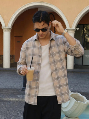 Grey: Checkered Drop-Shoulder Oversized Casual Shirt