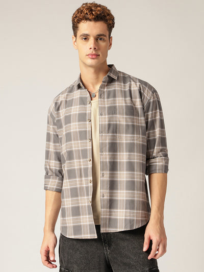 Grey: Checkered Drop-Shoulder Oversized Casual Shirt