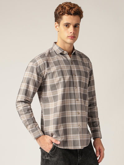 Grey: Checkered Drop-Shoulder Oversized Casual Shirt