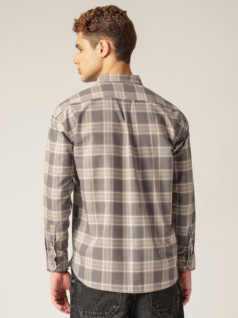 Grey: Checkered Drop-Shoulder Oversized Casual Shirt
