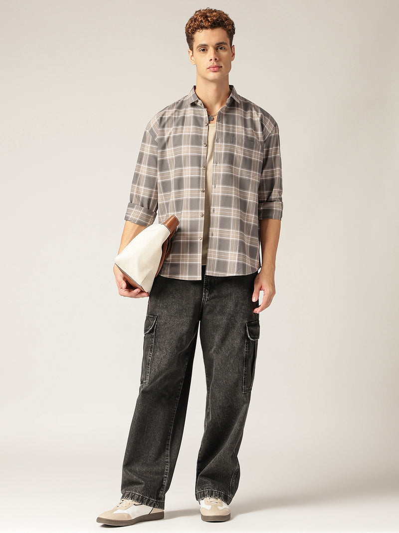 Grey: Checkered Drop-Shoulder Oversized Casual Shirt
