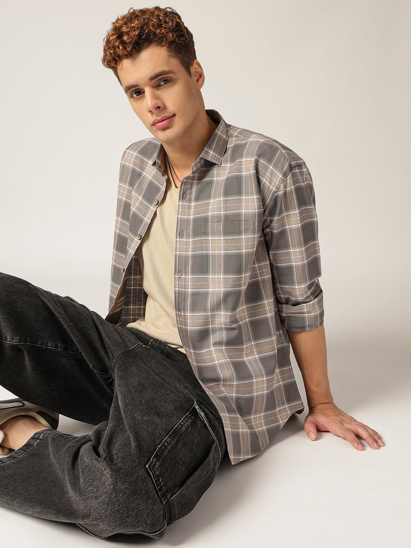 Grey: Checkered Drop-Shoulder Oversized Casual Shirt