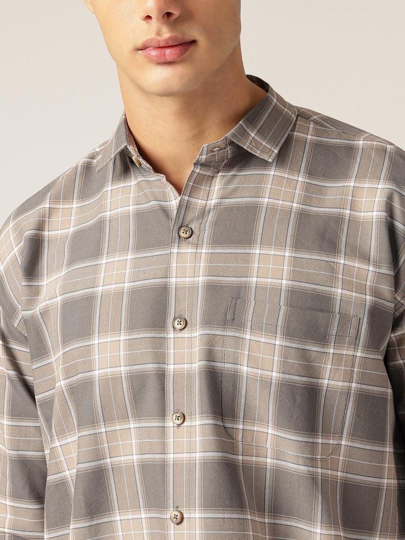 Grey: Checkered Drop-Shoulder Oversized Casual Shirt