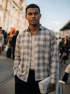 Grey: Checkered Drop-Shoulder Oversized Casual Shirt