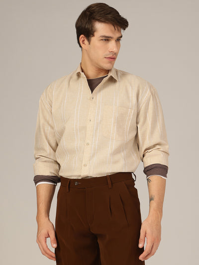 Beige & White: Striped Drop-Shoulder Oversized Casual Shirt