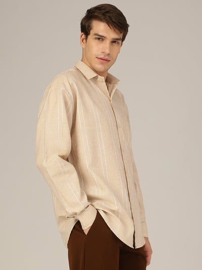 Beige & White: Striped Drop-Shoulder Oversized Casual Shirt