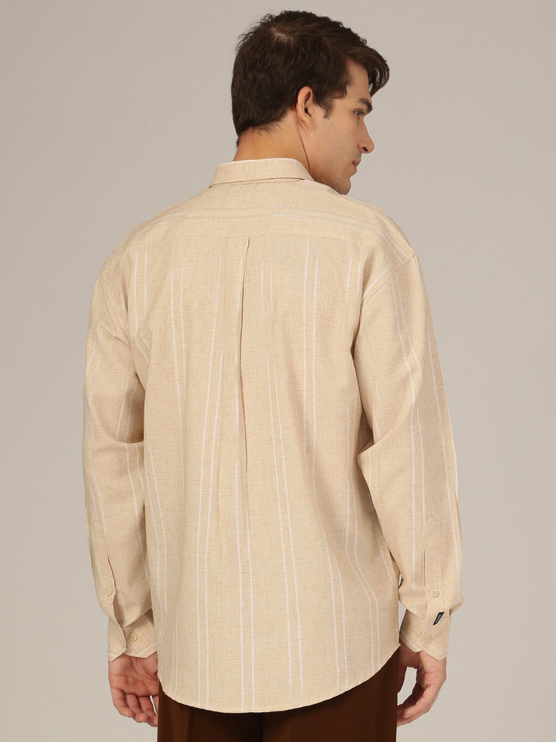 Beige & White: Striped Drop-Shoulder Oversized Casual Shirt