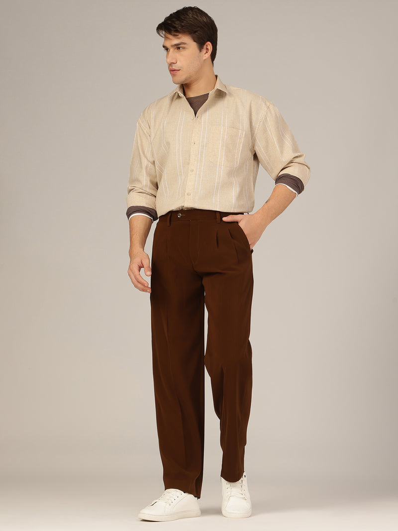 Beige & White: Striped Drop-Shoulder Oversized Casual Shirt