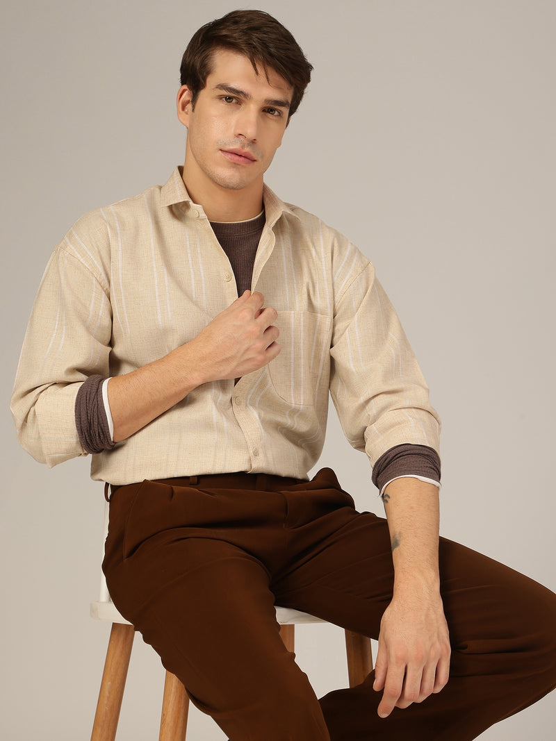 Beige & White: Striped Drop-Shoulder Oversized Casual Shirt