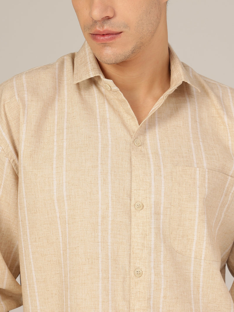 Beige & White: Striped Drop-Shoulder Oversized Casual Shirt