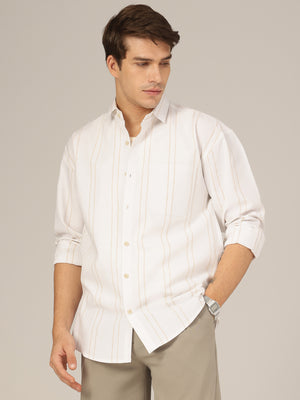 White & Beige: Striped Drop-Shoulder Oversized Casual Shirt