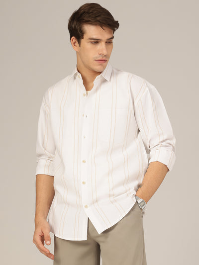 White & Beige: Striped Drop-Shoulder Oversized Casual Shirt