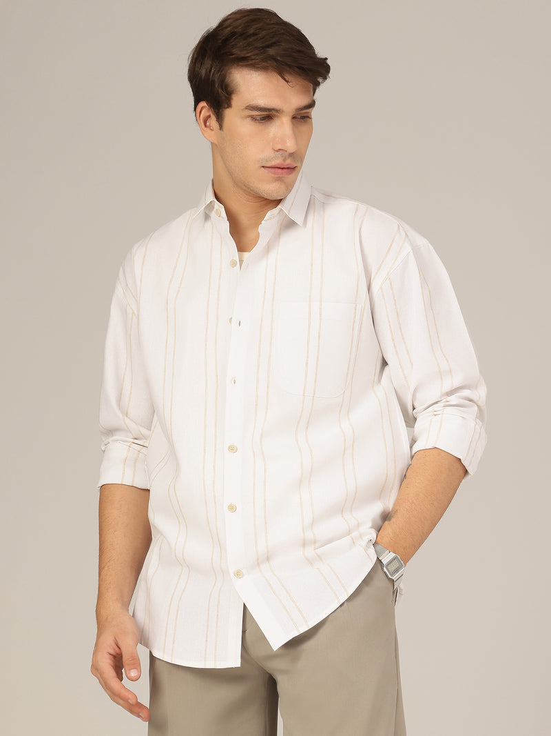 White & Beige: Striped Drop-Shoulder Oversized Casual Shirt