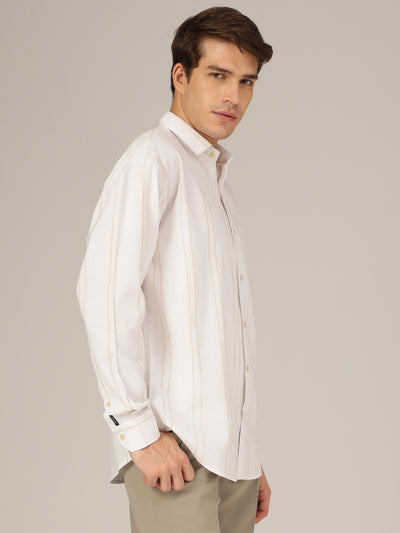 White & Beige: Striped Drop-Shoulder Oversized Casual Shirt