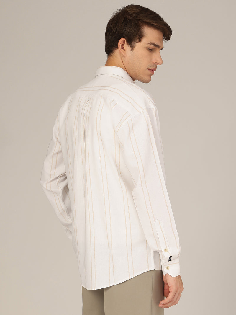 White & Beige: Striped Drop-Shoulder Oversized Casual Shirt