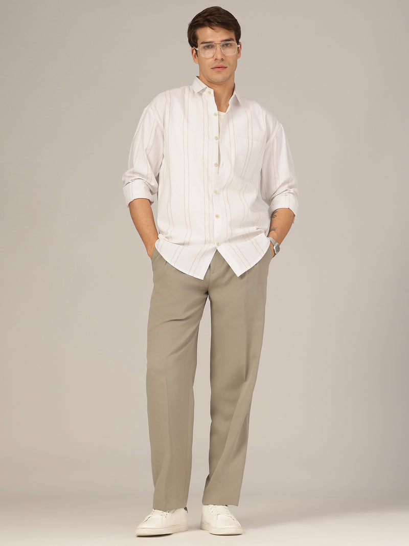 White & Beige: Striped Drop-Shoulder Oversized Casual Shirt