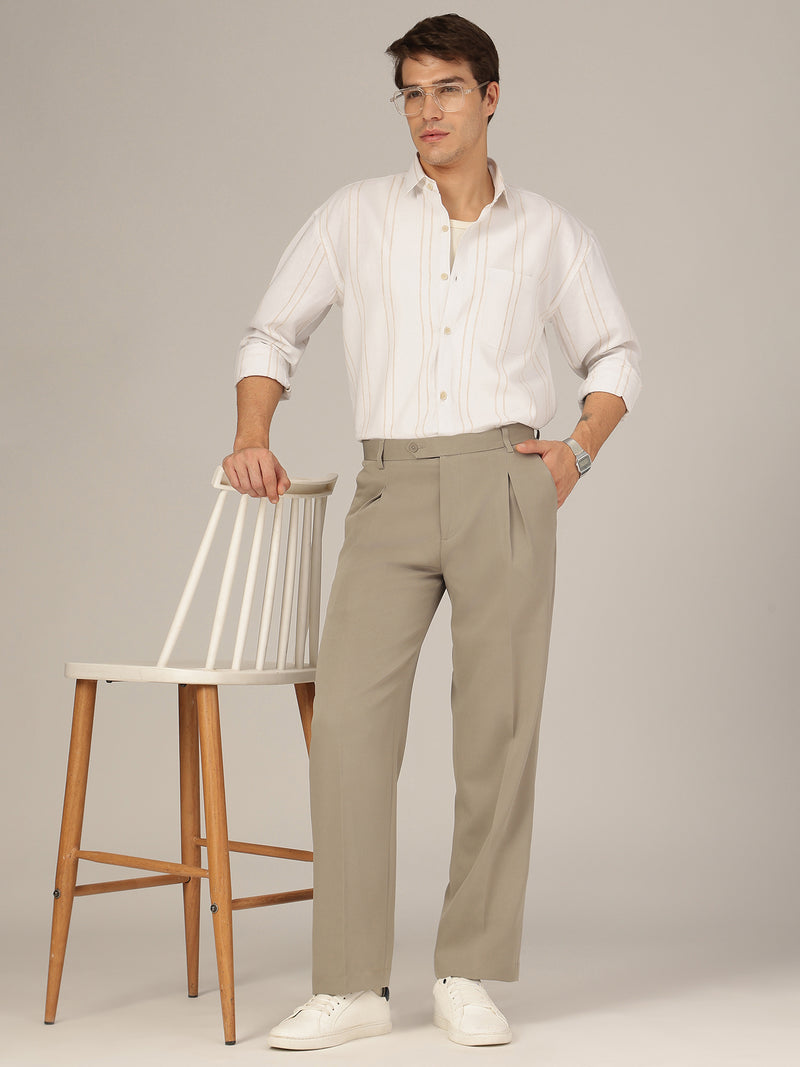 White & Beige: Striped Drop-Shoulder Oversized Casual Shirt