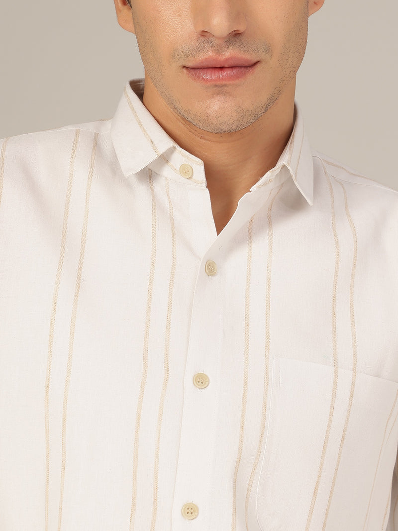 White & Beige: Striped Drop-Shoulder Oversized Casual Shirt