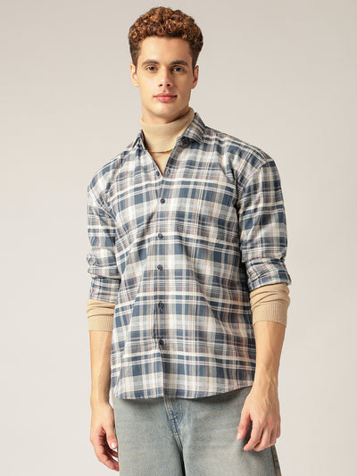 Teal Blue & Cream: Checkered Drop-Shoulder Oversized Casual Shirt