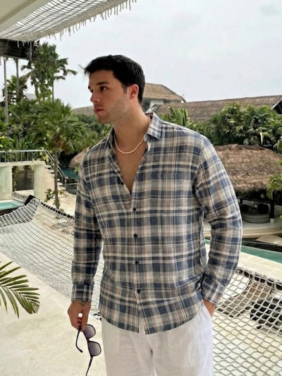 Teal Blue & Cream: Checkered Drop-Shoulder Oversized Casual Shirt