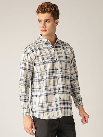 Cream & Blue: Checkered Drop-Shoulder Oversized Casual Shirt