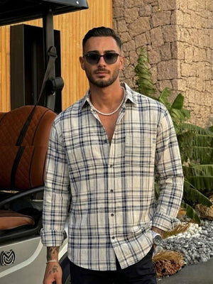 Cream & Blue: Checkered Drop-Shoulder Oversized Casual Shirt