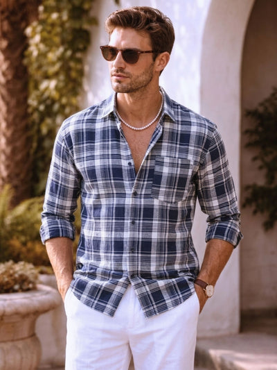 Blue & Cream: Checkered Drop-Shoulder Oversized Shirt