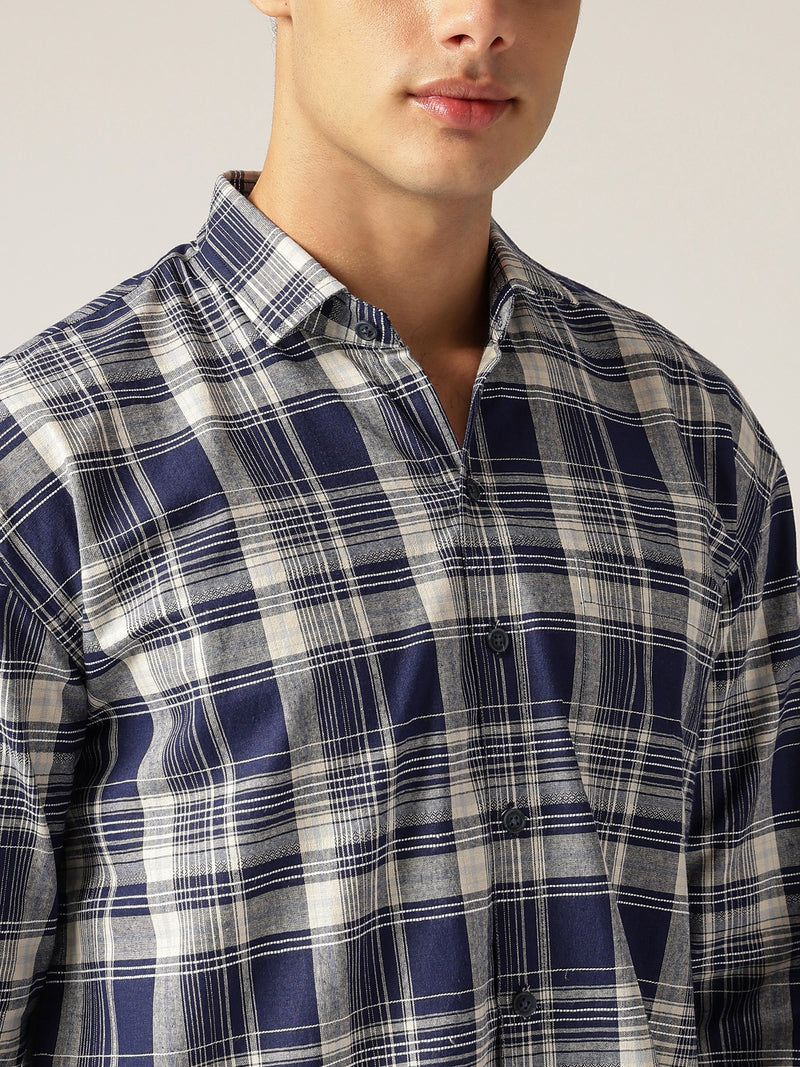Blue & Cream: Checkered Drop-Shoulder Oversized Shirt