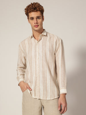 Cream & Brown: Vertical Stripes Drop Shoulder Oversized Casual Shirt