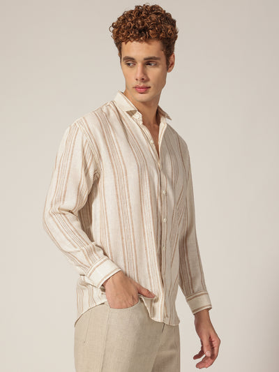 Cream & Brown: Vertical Stripes Drop Shoulder Oversized Casual Shirt