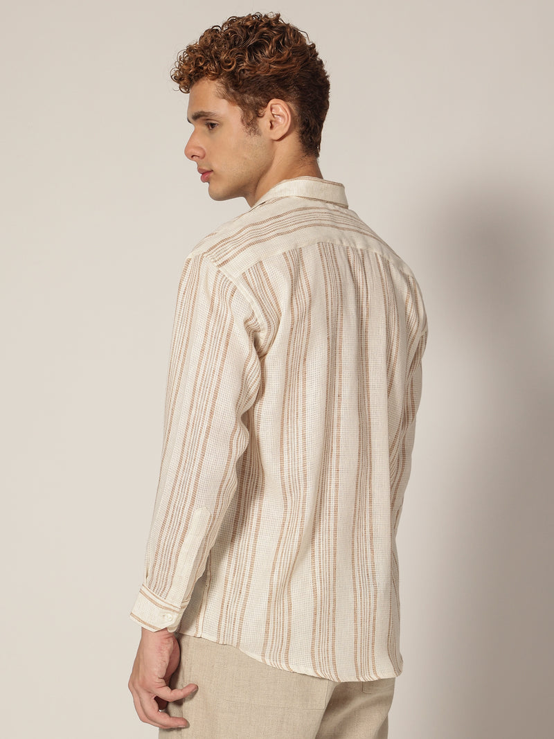 Cream & Brown: Vertical Stripes Drop Shoulder Oversized Casual Shirt
