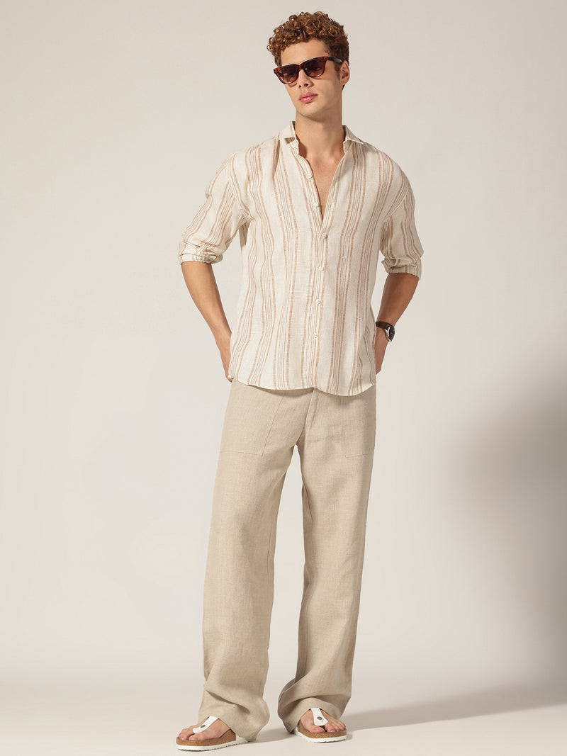 Cream & Brown: Vertical Stripes Drop Shoulder Oversized Casual Shirt