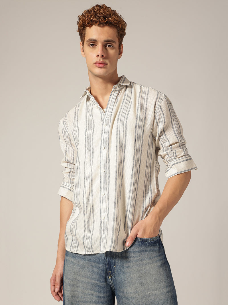 Cream & Blue: Vertical Stripes Drop Shoulder Oversized Casual Shirt