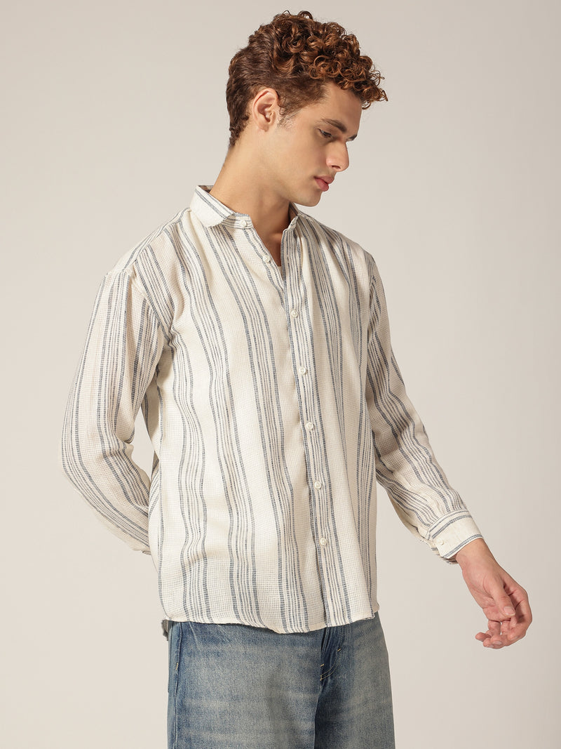 Cream & Blue: Vertical Stripes Drop Shoulder Oversized Casual Shirt