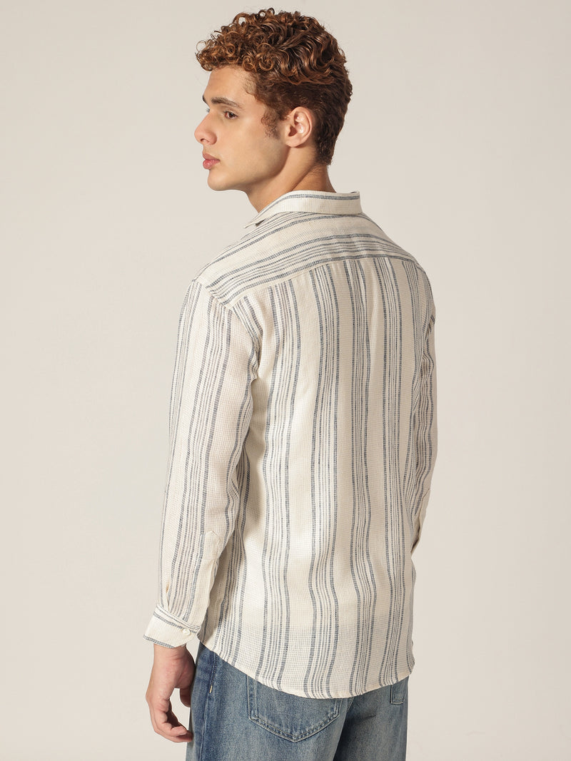 Cream & Blue: Vertical Stripes Drop Shoulder Oversized Casual Shirt