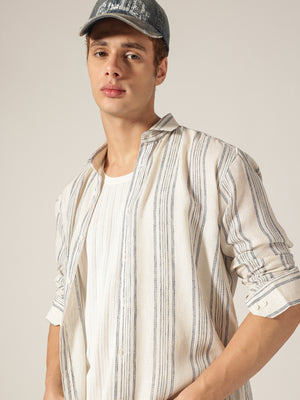 Cream & Blue: Vertical Stripes Drop Shoulder Oversized Casual Shirt