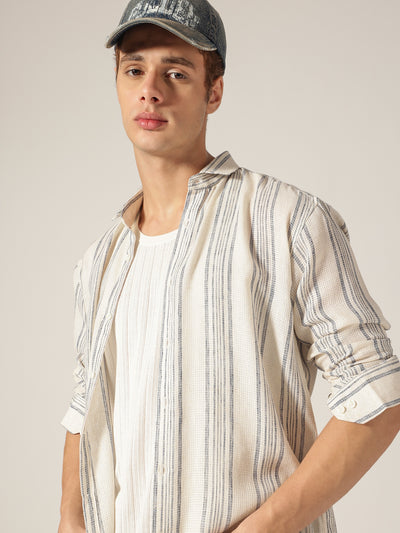 Cream & Blue: Vertical Stripes Drop Shoulder Oversized Casual Shirt