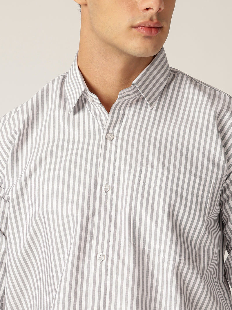 Grey & White: Vertical Stripes Formal Shirt