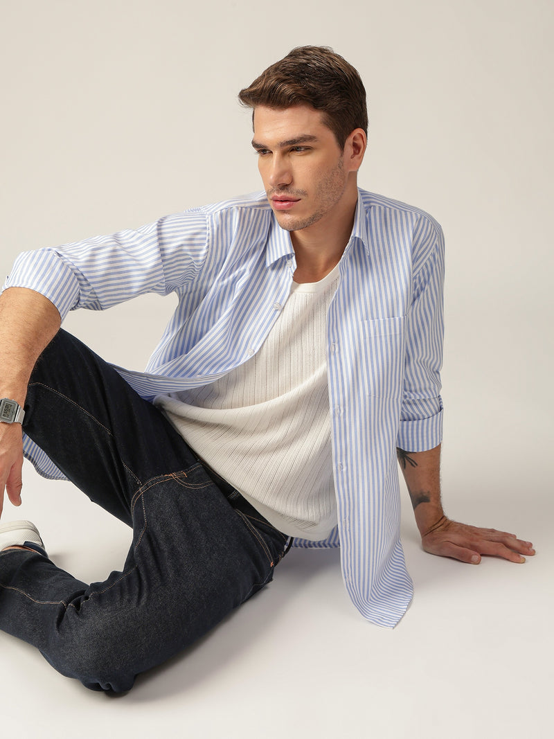 Sky Blue & White: Vertical Stripes Formal Shirt