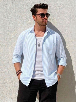 Sky Blue & White: Vertical Stripes Formal Shirt