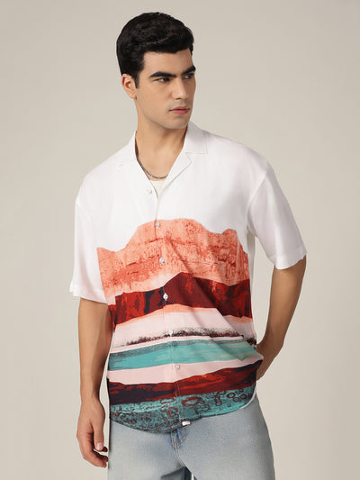 White: Placement Printed Drop Shoulder Oversized Shirt