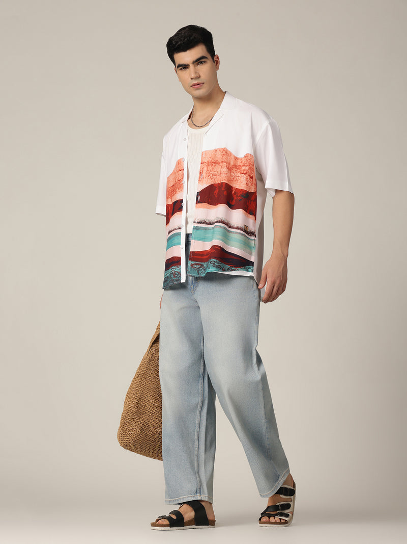 White: Placement Printed Drop Shoulder Oversized Shirt