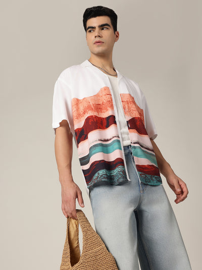 White: Placement Printed Drop Shoulder Oversized Shirt