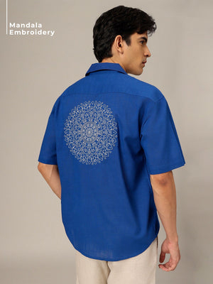 Blue & White: Embroidered Drop Shoulder Oversized Shirt