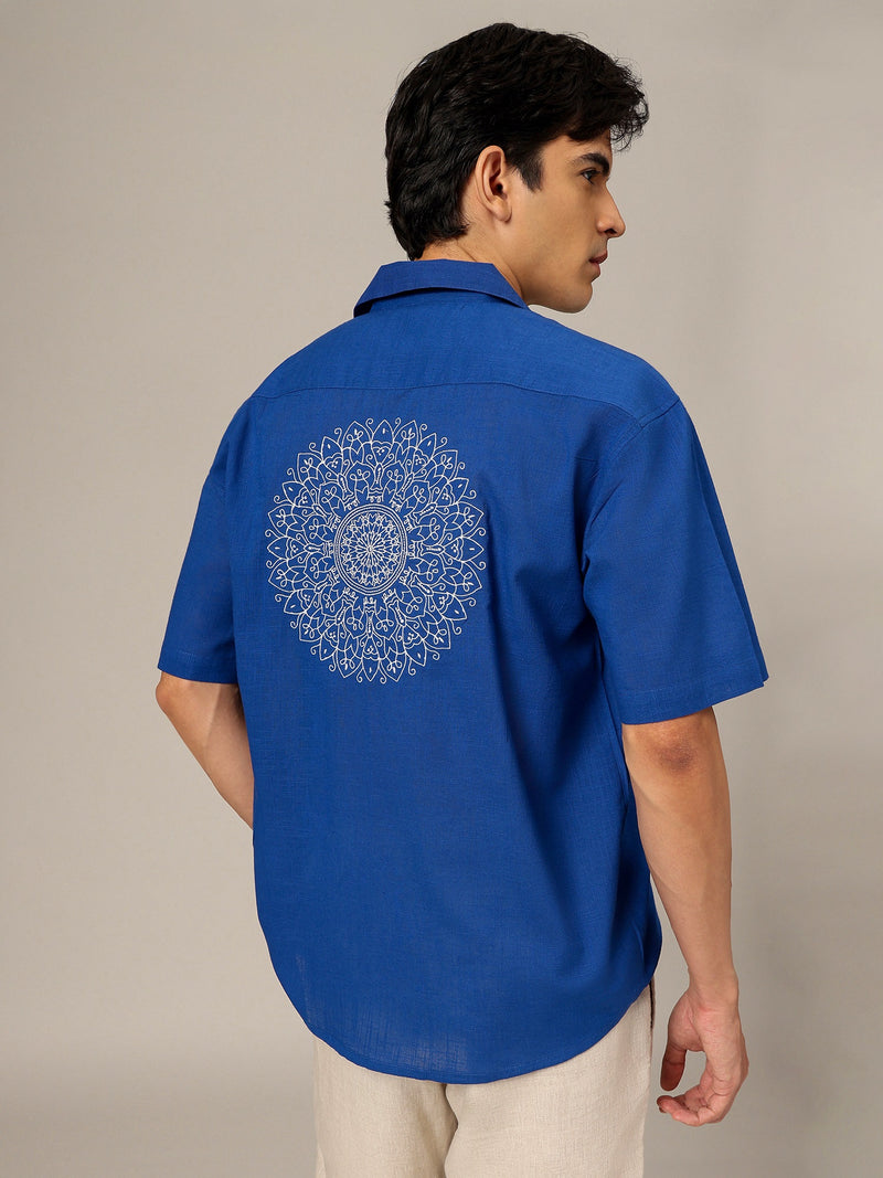 Blue & White: Embroidered Drop Shoulder Oversized Shirt