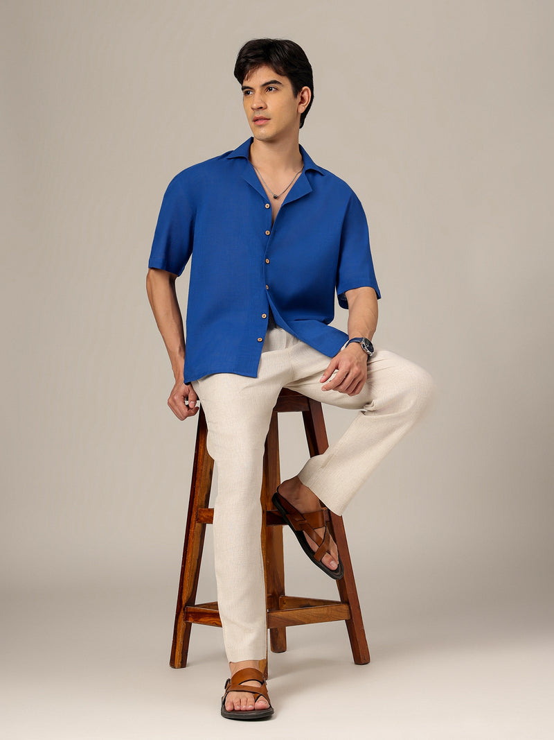 Blue & White: Embroidered Drop Shoulder Oversized Shirt