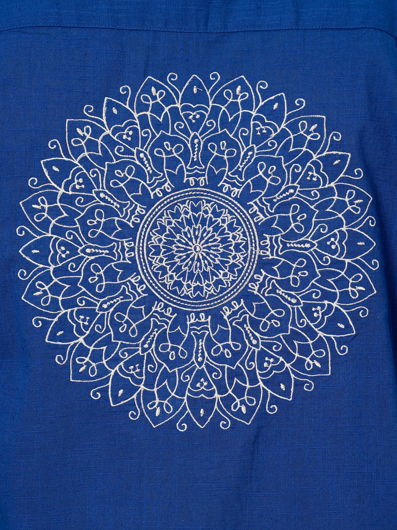 Blue & White: Embroidered Drop Shoulder Oversized Shirt