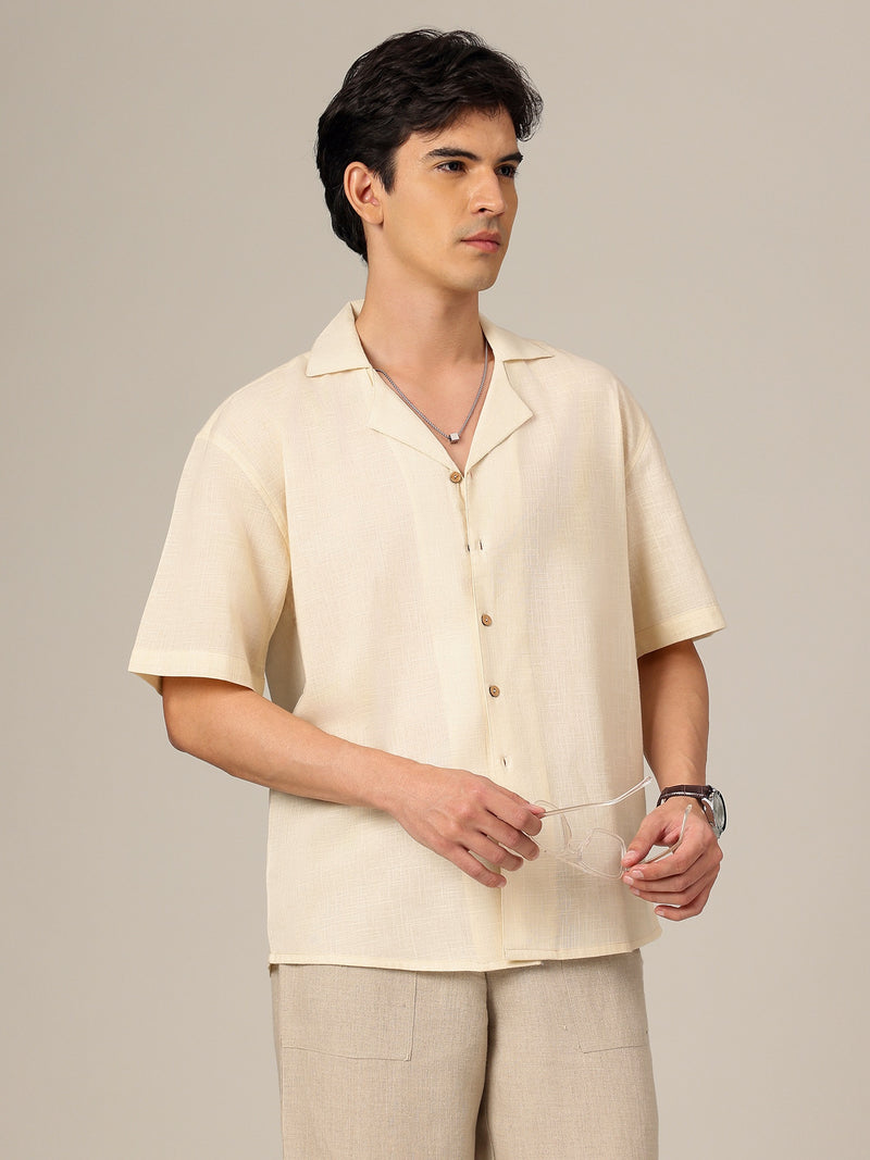 Beige & Brown: Embroidered Drop Shoulder Oversized Shirt