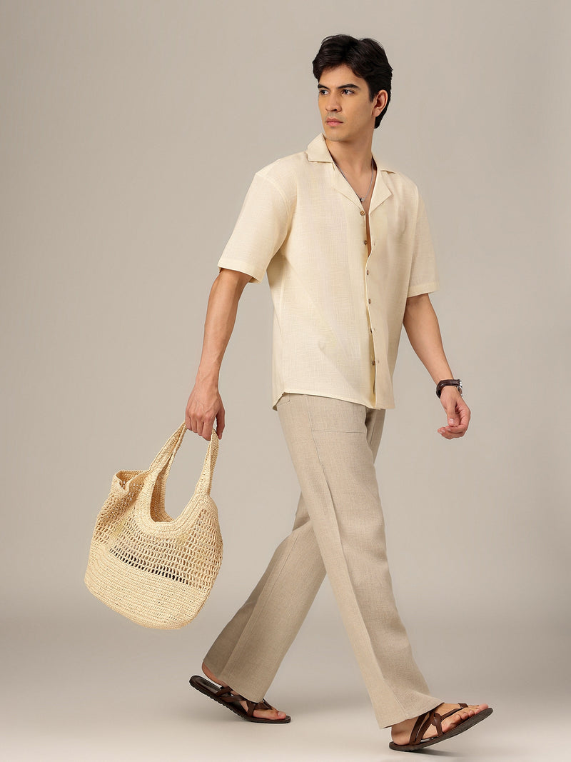 Beige & Brown: Embroidered Drop Shoulder Oversized Shirt