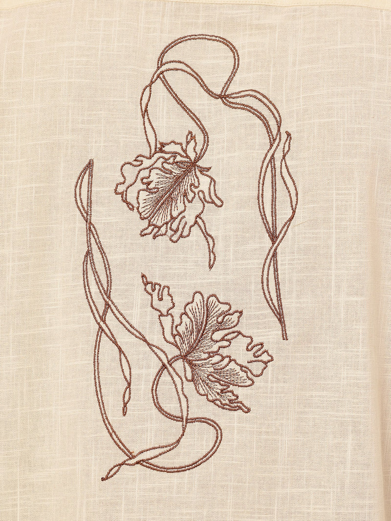 Beige & Brown: Embroidered Drop Shoulder Oversized Shirt